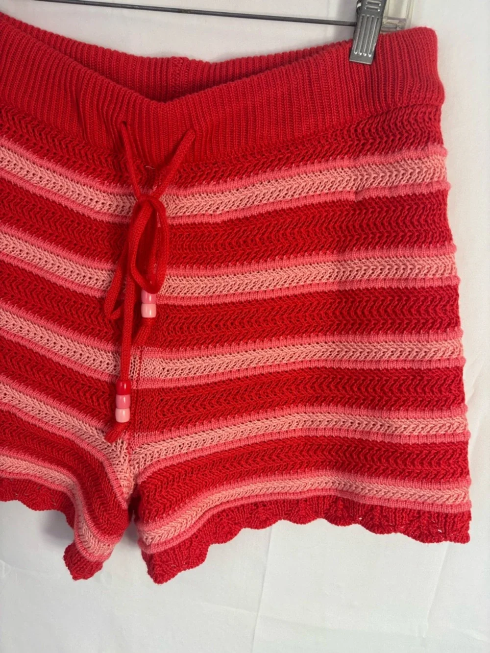 Striped Red Crochet Knit Beaded Draw String Pull On Retro Boho Shorts Size XL - Picture 5 of 9
